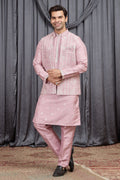 Pink Art Silk Mens Kurta for Wedding & Pajama with Embroidered Jacket