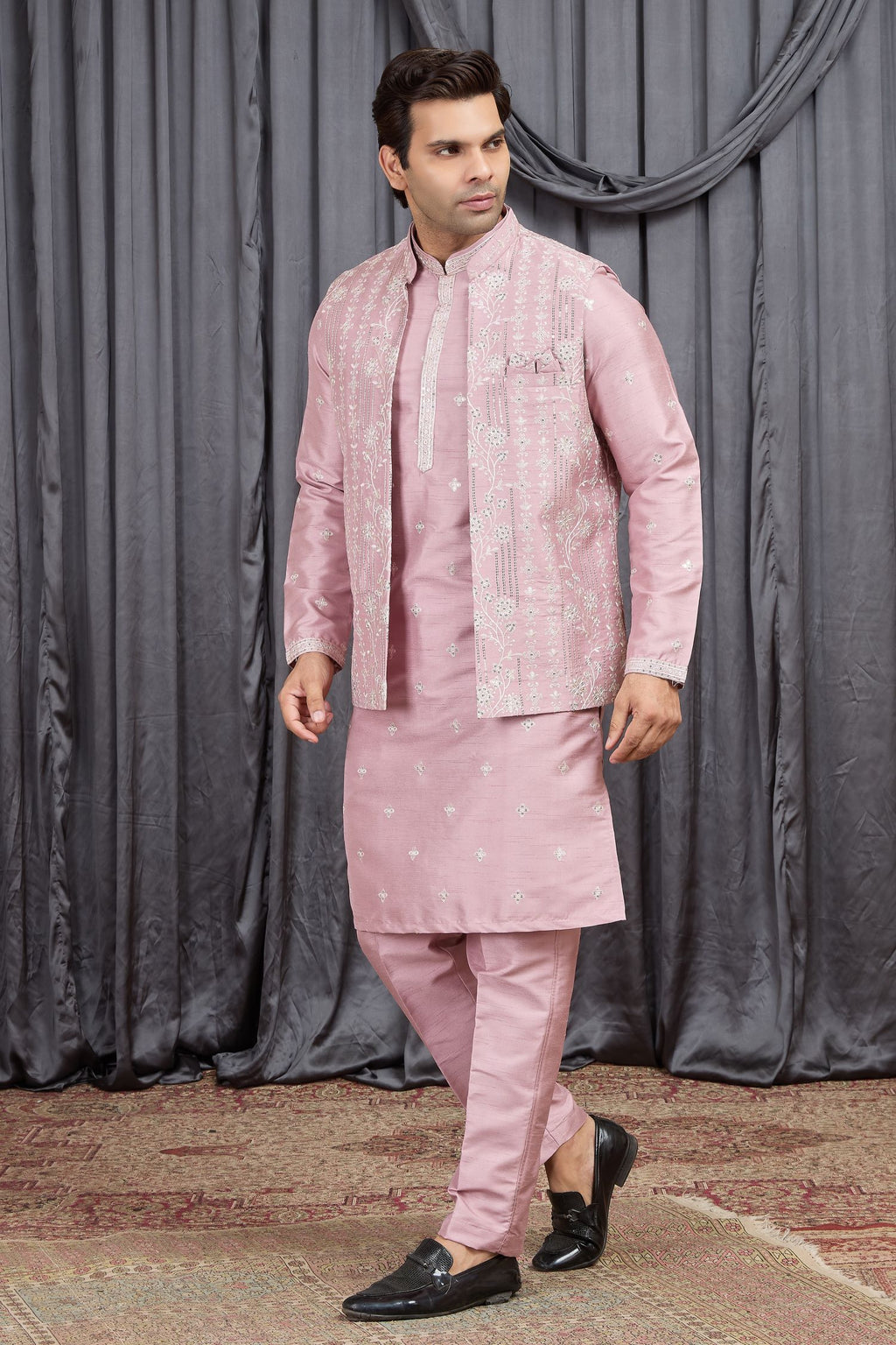 Pink Art Silk Mens Kurta for Wedding & Pajama with Embroidered Jacket