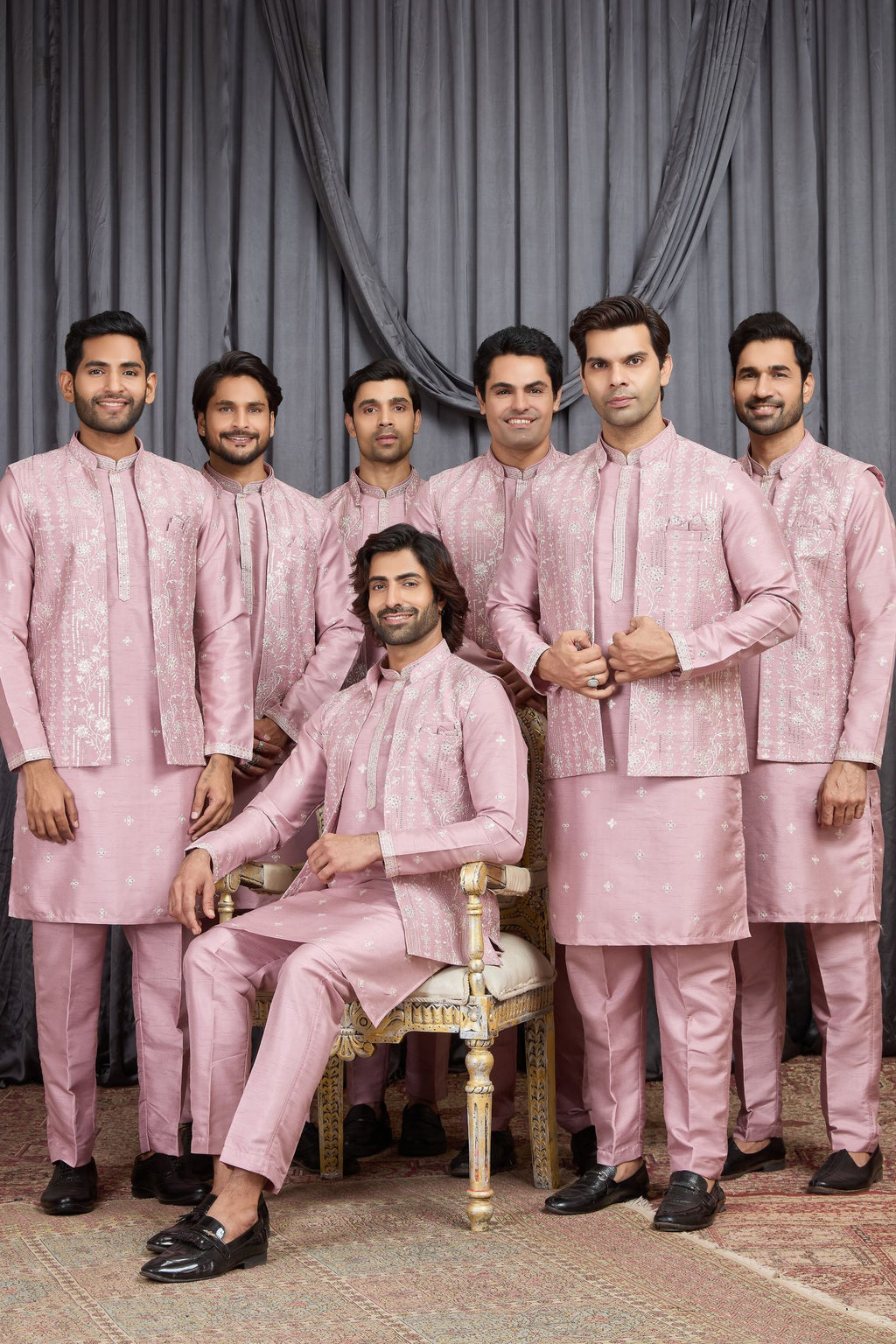 Pink Art Silk Mens Kurta for Wedding & Pajama with Embroidered Jacket