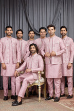 Pink Art Silk Mens Kurta for Wedding & Pajama with Embroidered Jacket