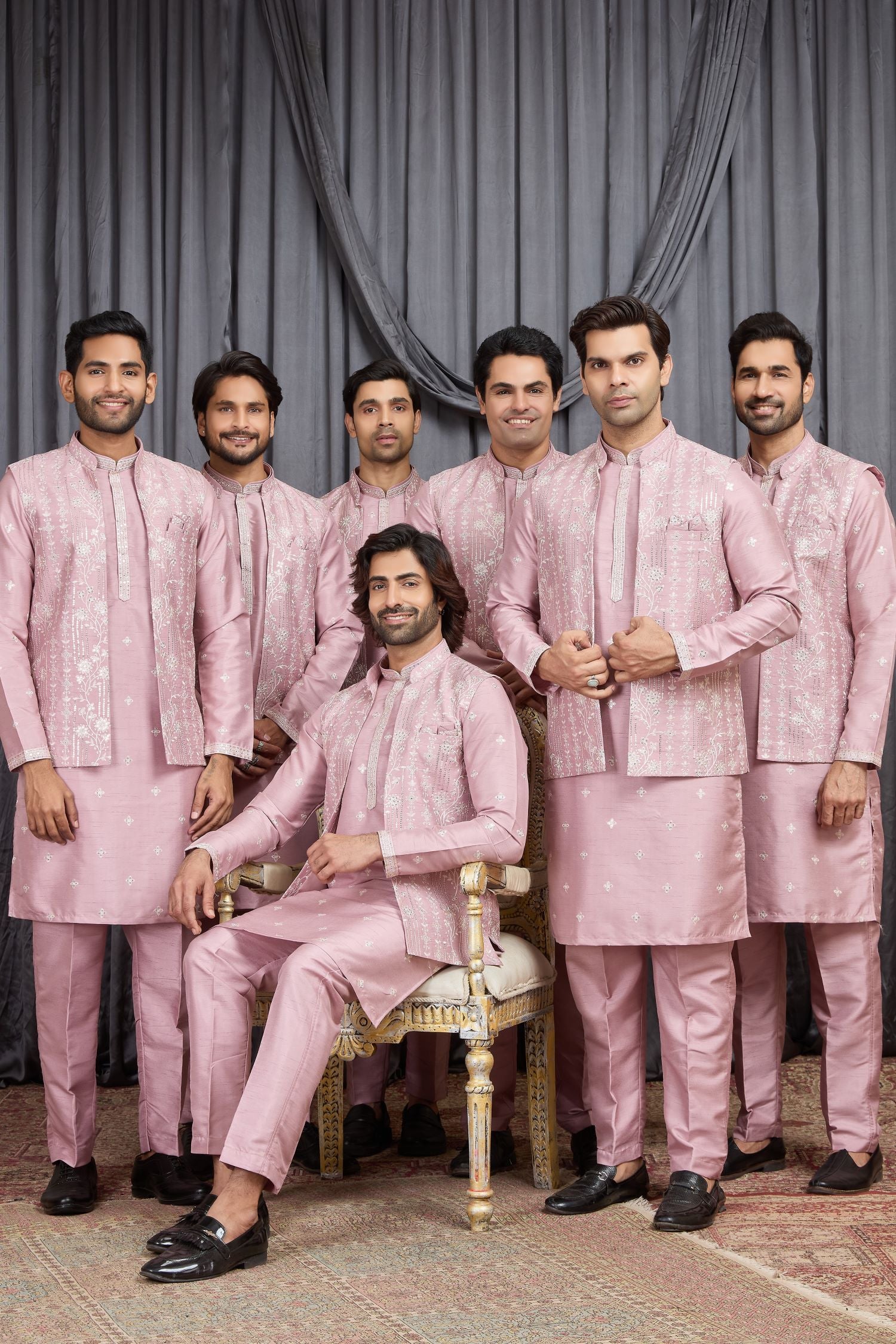 Pink Art Silk Mens Kurta for Wedding & Pajama with Embroidered Jacket