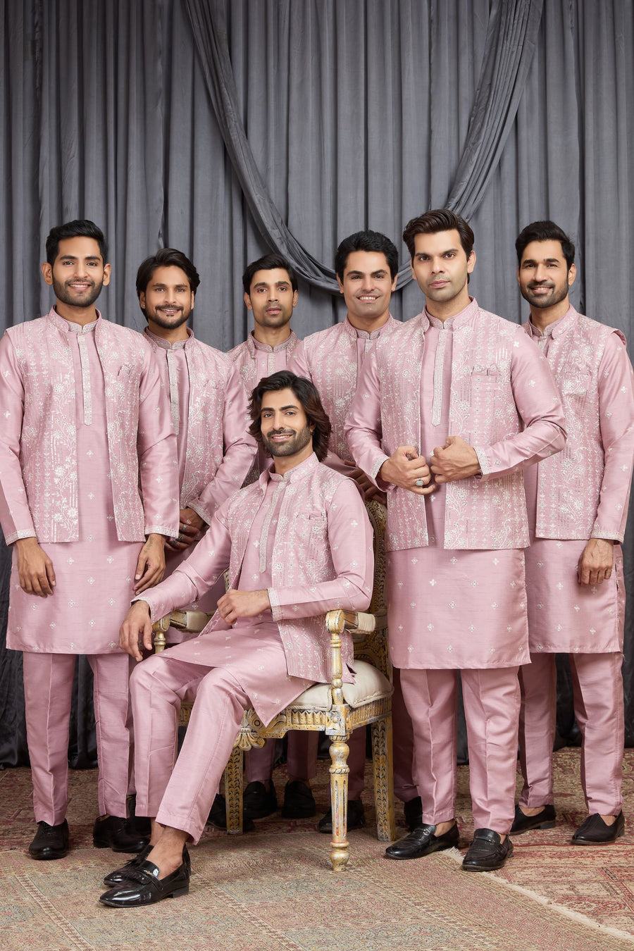 Pink Art Silk Mens Kurta for Wedding & Pajama with Embroidered Jacket