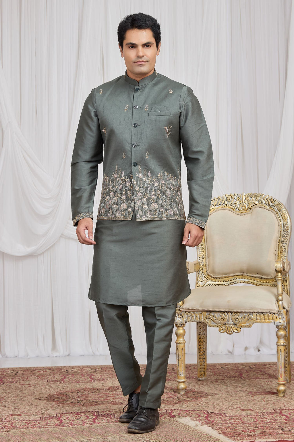 Grey Art Silk Embroidery Kurta Pyjama for Men with Jacket