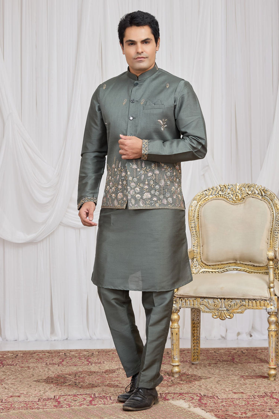 Grey Art Silk Embroidery Kurta Pyjama for Men with Jacket
