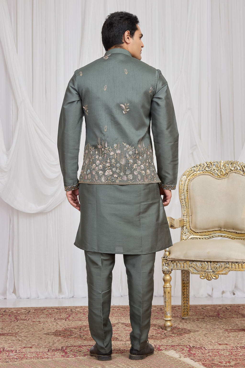 Grey Art Silk Embroidery Kurta Pyjama for Men with Jacket