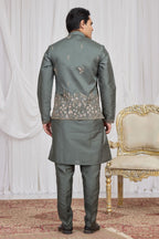 Grey Art Silk Embroidery Kurta Pyjama for Men with Jacket