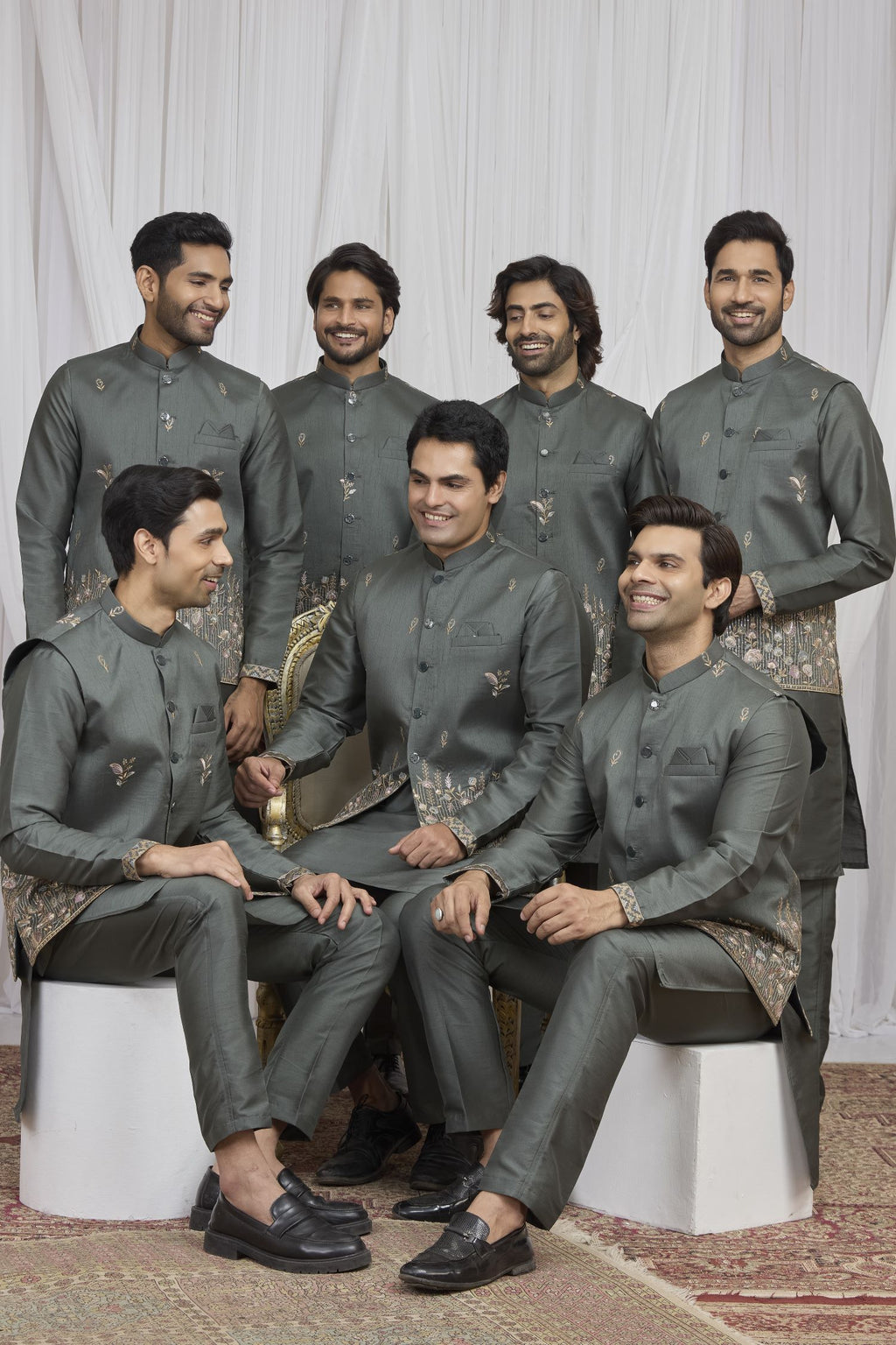 Grey Art Silk Embroidery Kurta Pyjama for Men with Jacket