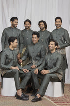 Grey Art Silk Embroidery Kurta Pyjama for Men with Jacket