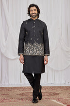 Black Art Silk Men's Kurta and Pajama with Embroidered Jacket