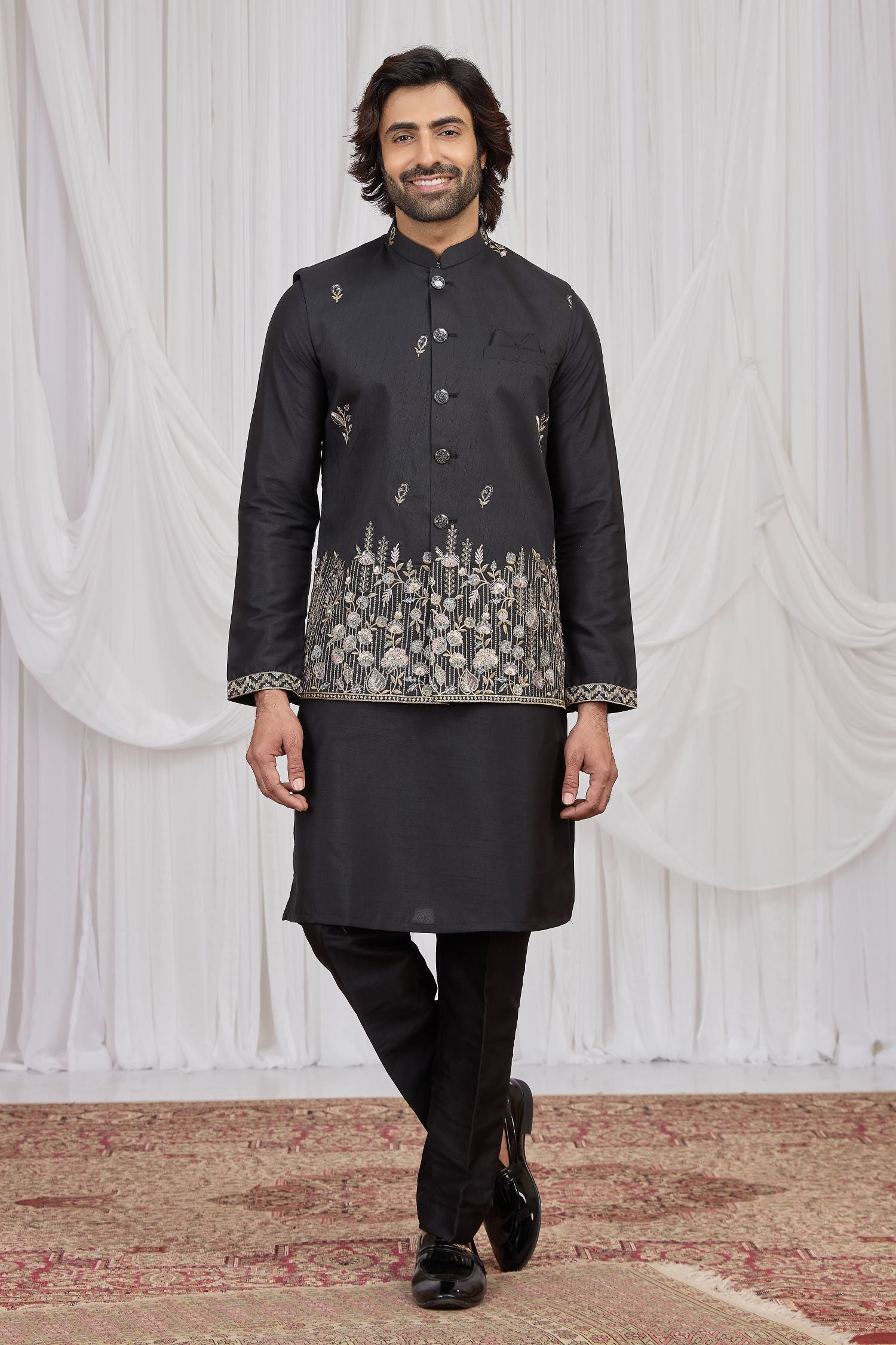 Black Art Silk Men's Kurta and Pajama with Embroidered Jacket