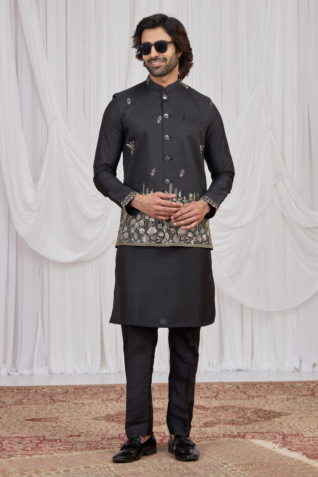 Black Art Silk Men's Kurta and Pajama with Embroidered Jacket