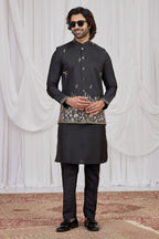 Black Art Silk Men's Kurta and Pajama with Embroidered Jacket