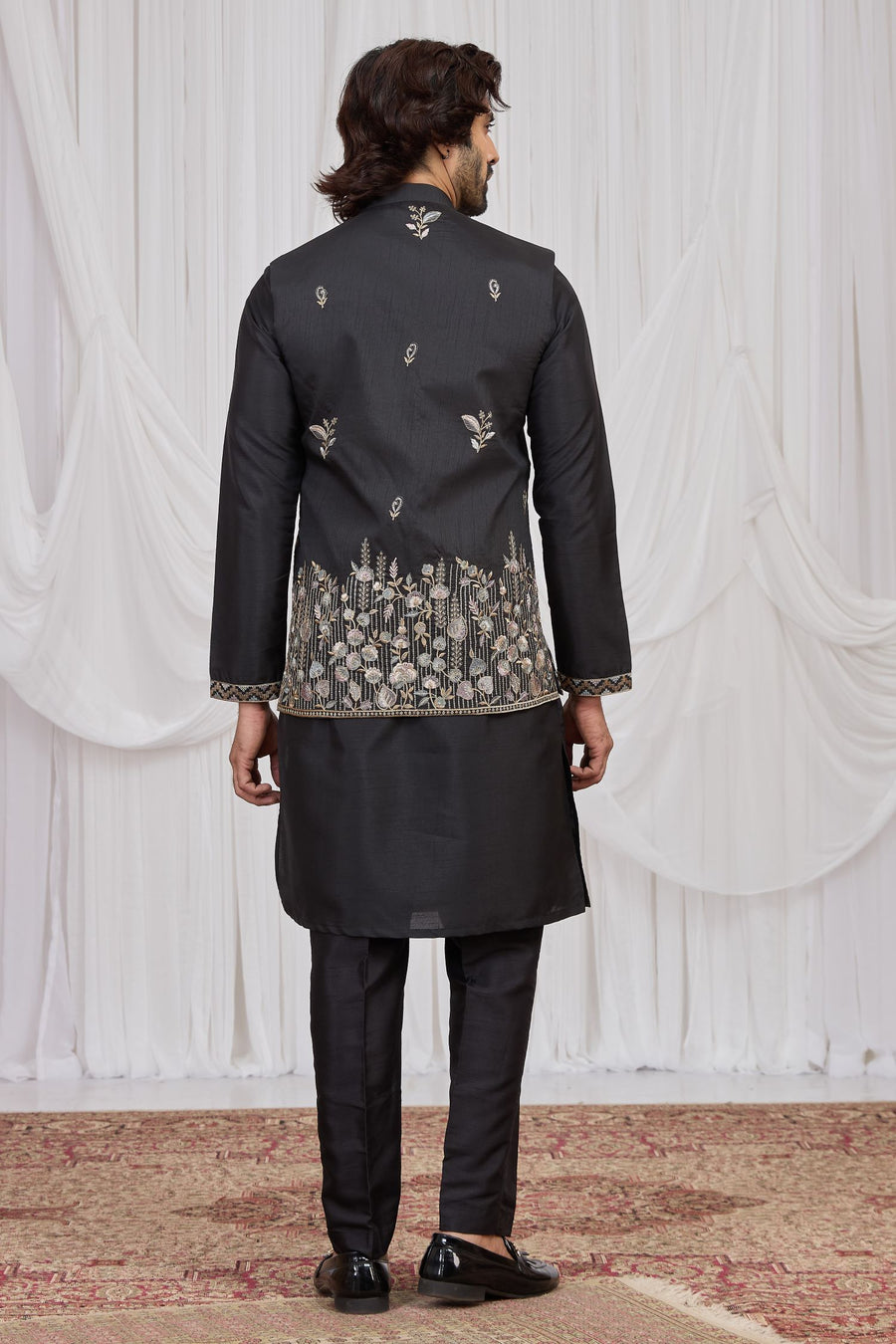 Black Art Silk Men's Kurta and Pajama with Embroidered Jacket