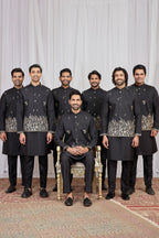 Black Art Silk Men's Kurta and Pajama with Embroidered Jacket