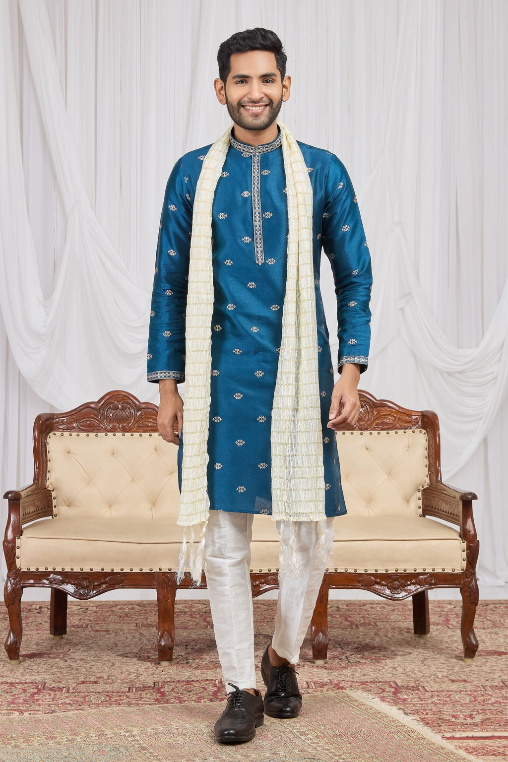 Steel Blue Art Silk Embroidered Kurta Pajama for Pakistani Groomsmen outfits