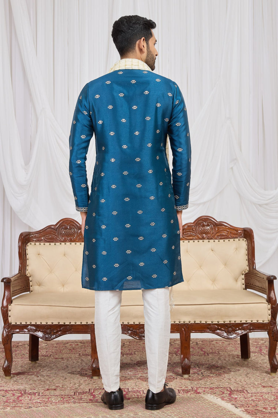 Steel Blue Art Silk Embroidered Kurta Pajama for Pakistani Groomsmen outfits