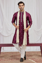 Burgundy Art Silk Kurta Pajama for Groomsmen Outfits Indian Wedding