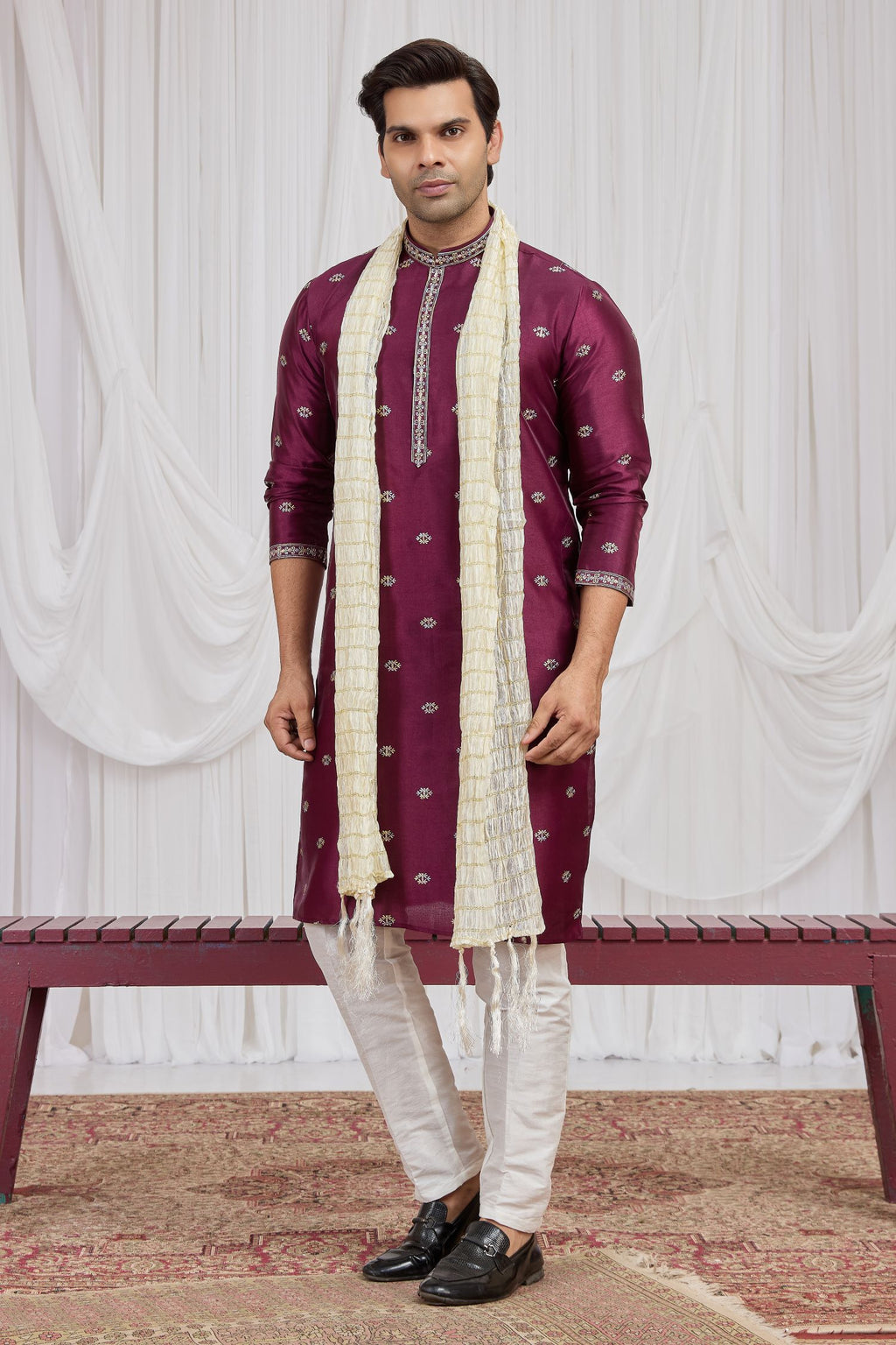Burgundy Art Silk Kurta Pajama for Groomsmen Outfits Indian Wedding