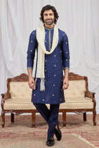 Navy Blue Art Silk Groomsmen Wedding Suits Ethnic Kurta Pajama with Embroidery Work