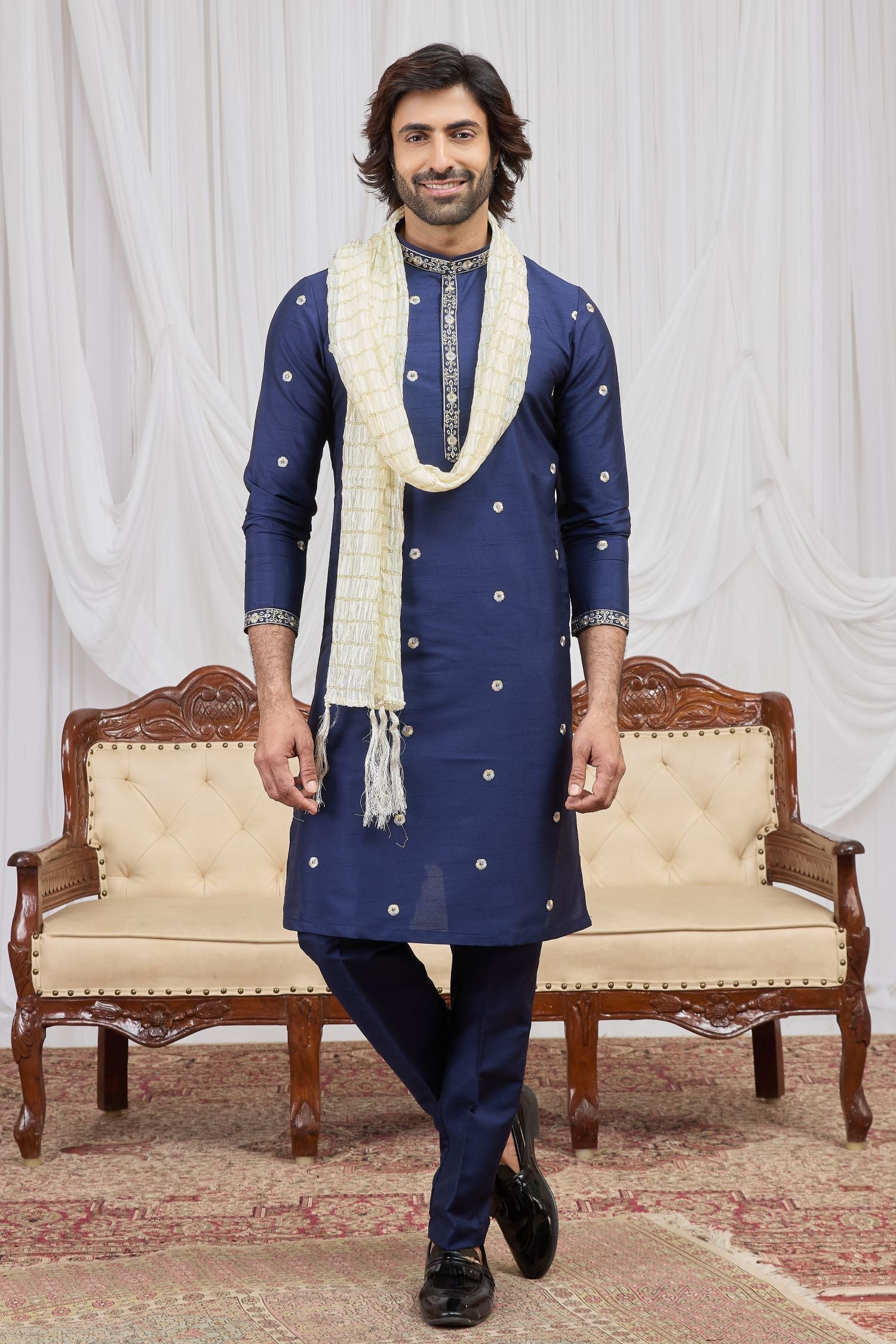 Navy Blue Art Silk Groomsmen Wedding Suits Ethnic Kurta Pajama with Embroidery Work