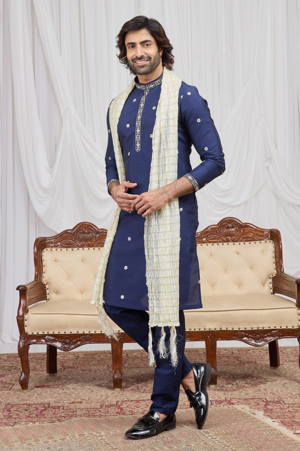 Navy Blue Art Silk Groomsmen Wedding Suits Ethnic Kurta Pajama with Embroidery Work