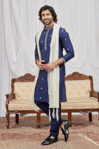 Navy Blue Art Silk Groomsmen Wedding Suits Ethnic Kurta Pajama with Embroidery Work