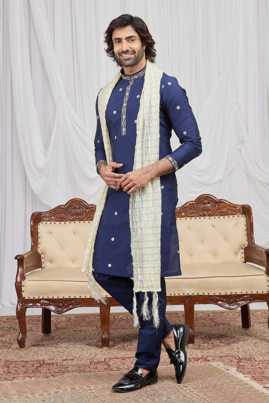 Navy Blue Art Silk Groomsmen Wedding Suits Ethnic Kurta Pajama with Embroidery Work