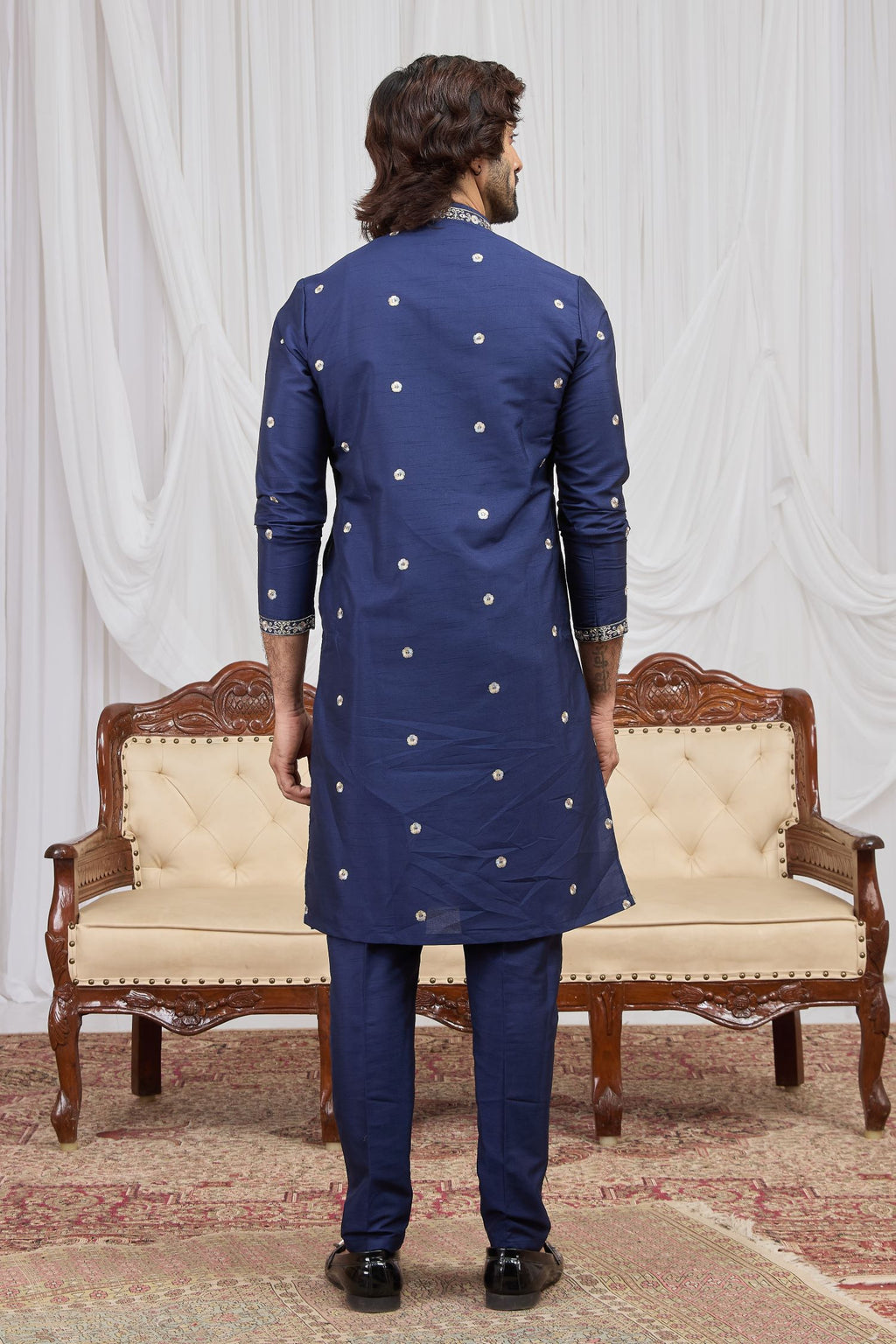 Navy Blue Art Silk Groomsmen Wedding Suits Ethnic Kurta Pajama with Embroidery Work