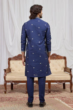 Navy Blue Art Silk Groomsmen Wedding Suits Ethnic Kurta Pajama with Embroidery Work