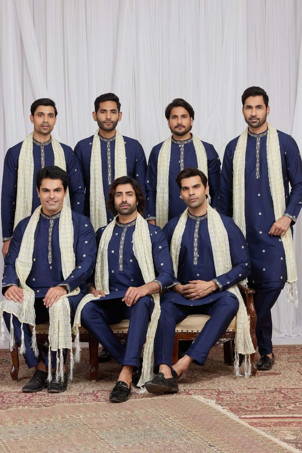 Navy Blue Art Silk Groomsmen Wedding Suits Ethnic Kurta Pajama with Embroidery Work