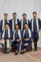 Navy Blue Art Silk Groomsmen Wedding Suits Ethnic Kurta Pajama with Embroidery Work