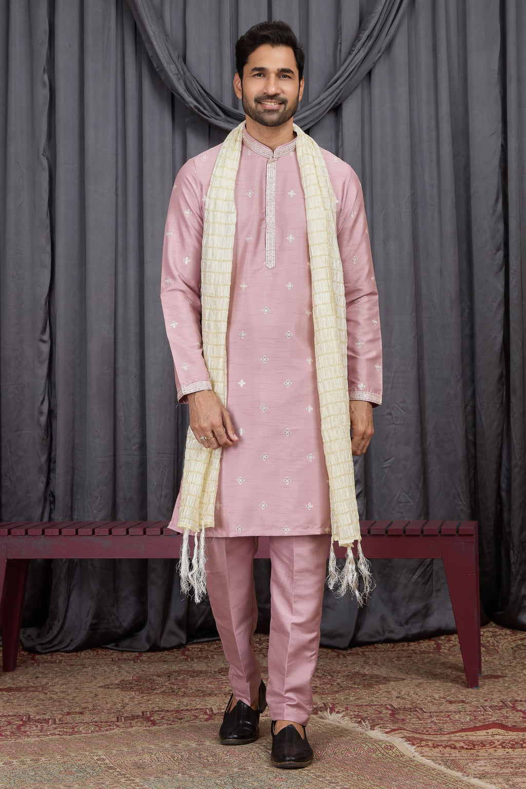 Pastel Pink Art Silk Embroidery Kurta Pajama Silk Kurtas for Groomsmen