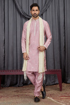 Pastel Pink Art Silk Embroidery Kurta Pajama Silk Kurtas for Groomsmen
