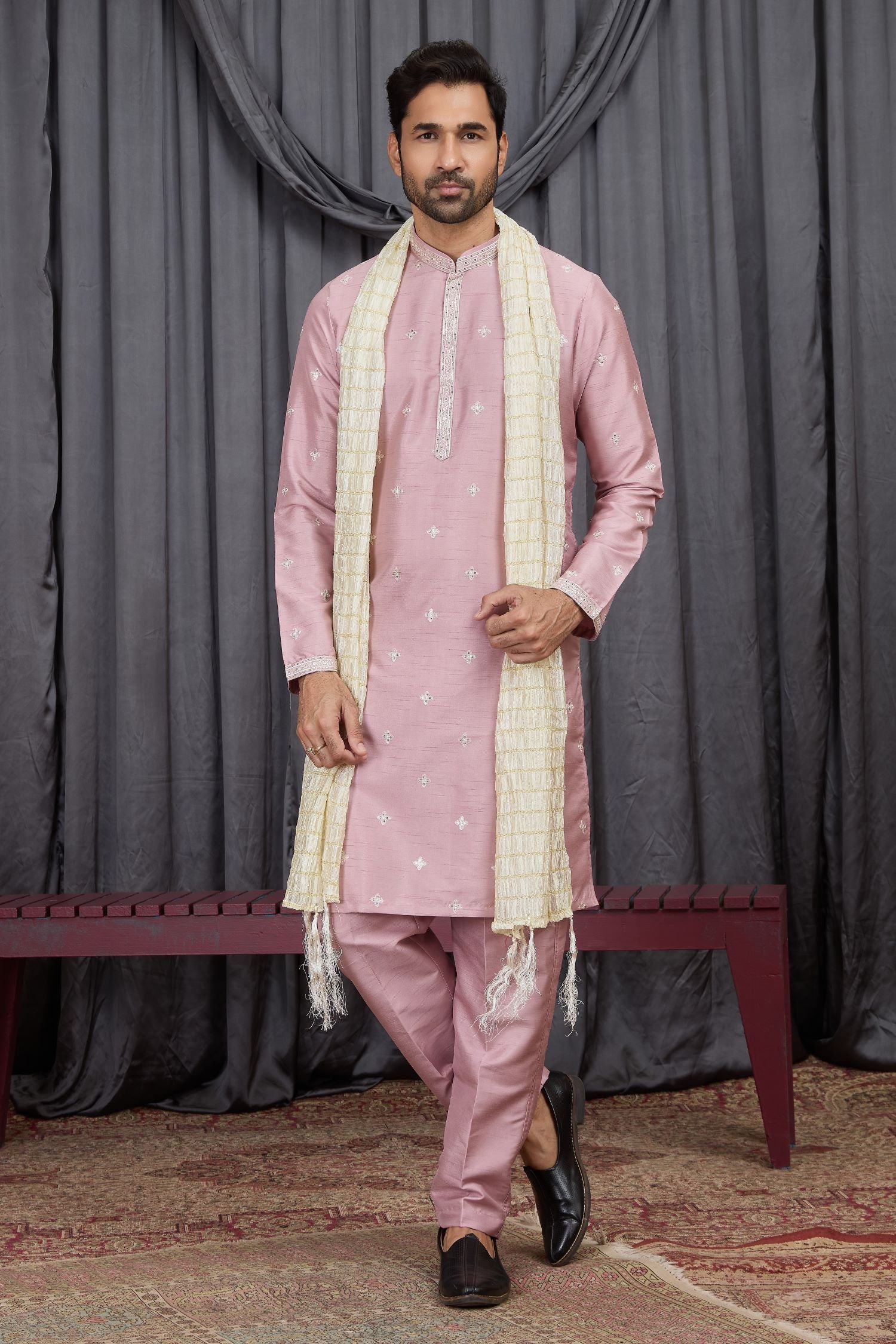 Pastel Pink Art Silk Embroidery Kurta Pajama Silk Kurtas for Groomsmen