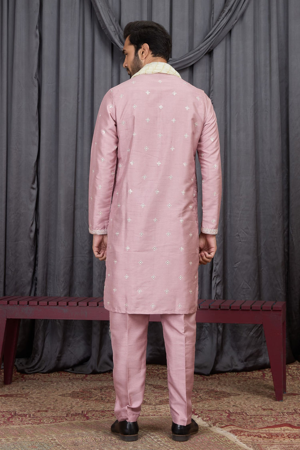 Pastel Pink Art Silk Embroidery Kurta Pajama Silk Kurtas for Groomsmen