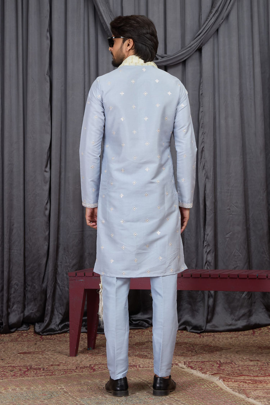 Light Sky Blue Art Silk Kurta Pajama for Indian Groomsmen Outfits