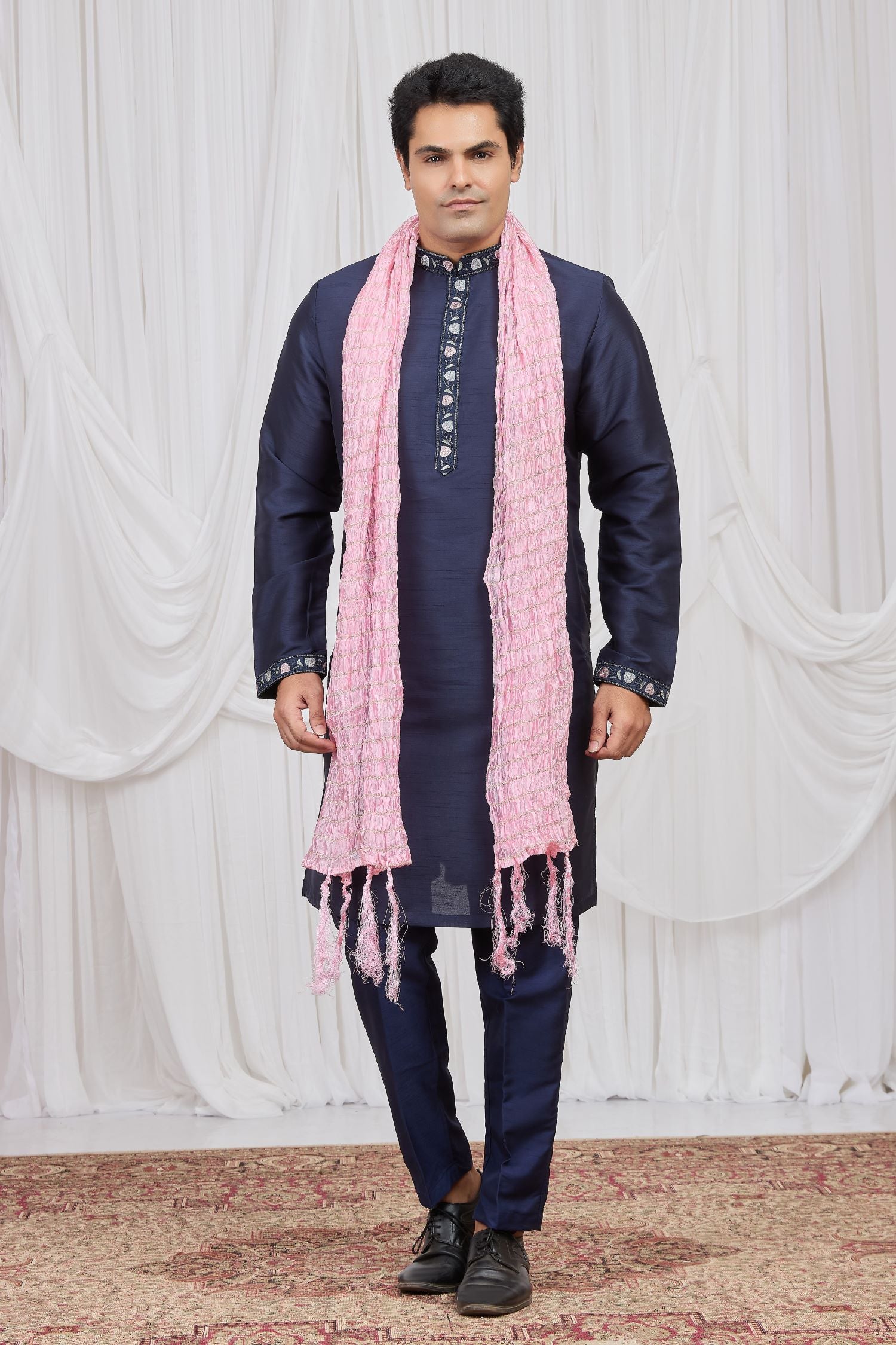 Light Navy Blue Art Silk Kurta Pajama for Indian Groomsmen Attire