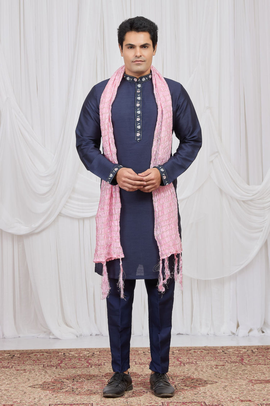 Light Navy Blue Art Silk Kurta Pajama for Indian Groomsmen Attire