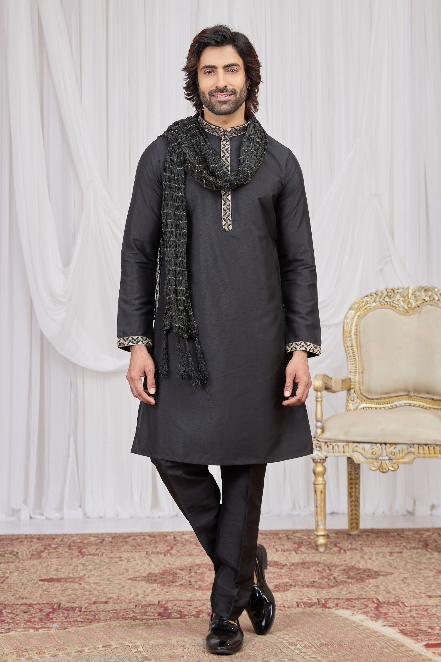 Bluish Black Art Silk Kurta Pajama for Groomsmen Outfits Indian Wedding