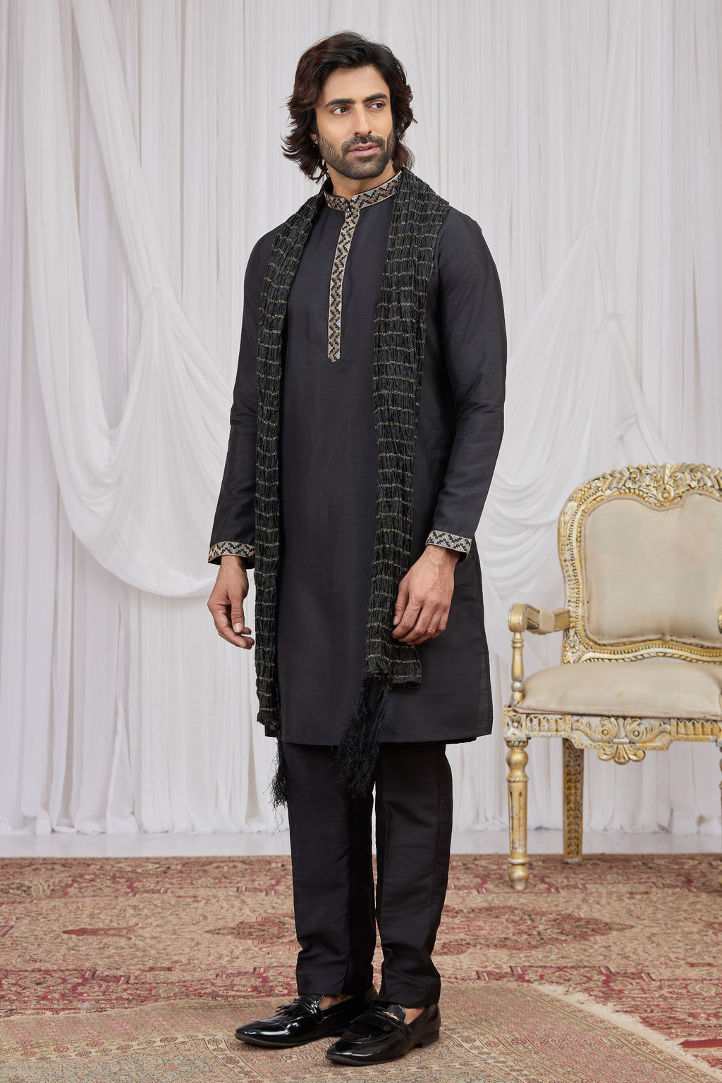 Bluish Black Art Silk Kurta Pajama for Groomsmen Outfits Indian Wedding
