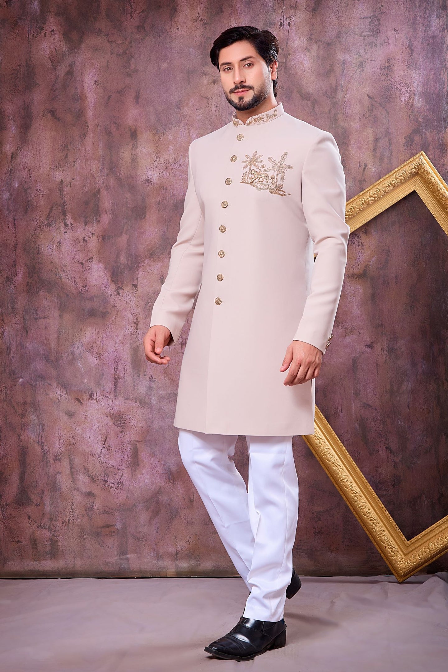 Cream Art Silk Men's Indo Western Clothing with Zardozi Hand Work