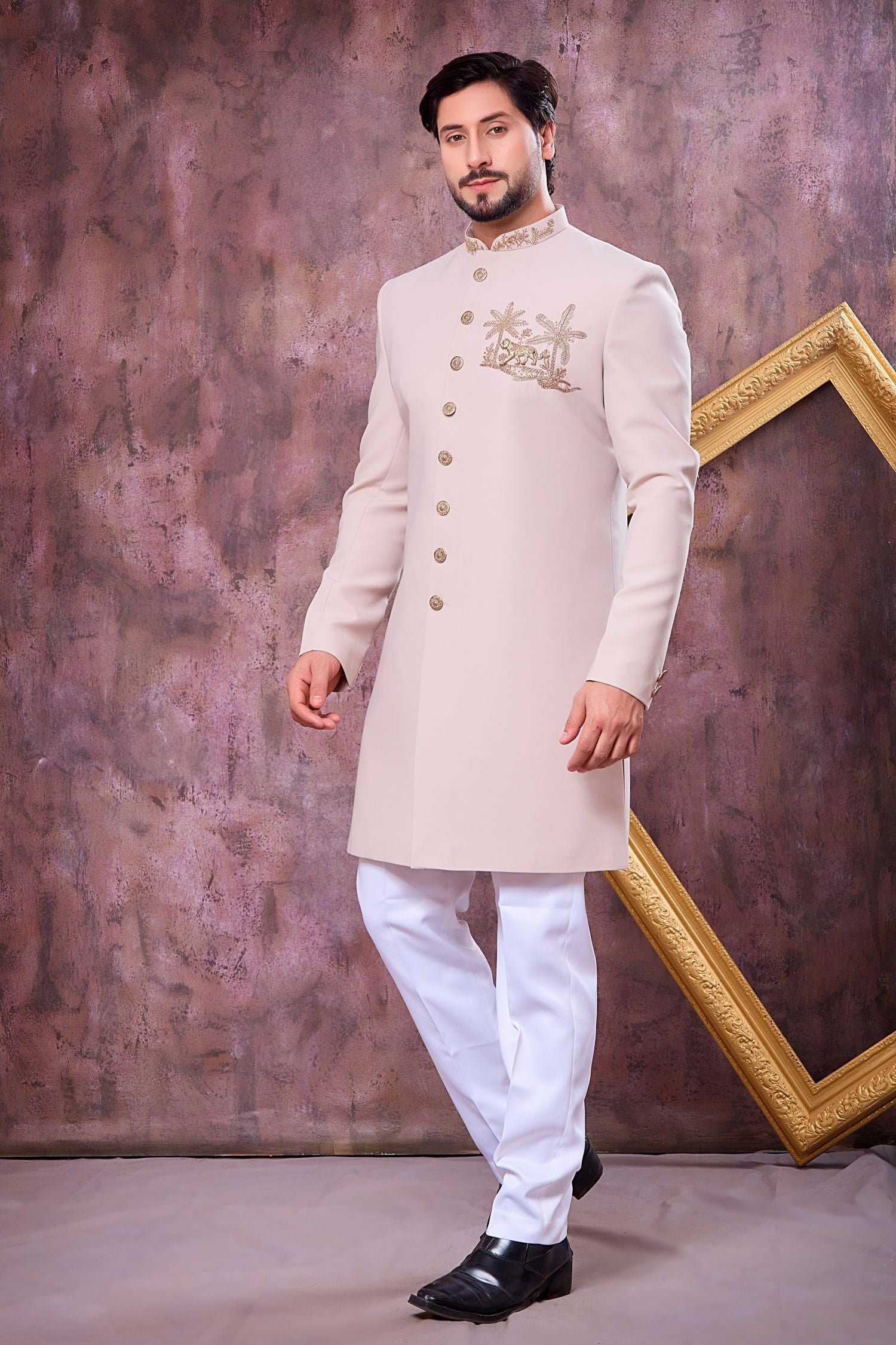 Cream Art Silk Men's Indo Western Clothing with Zardozi Hand Work