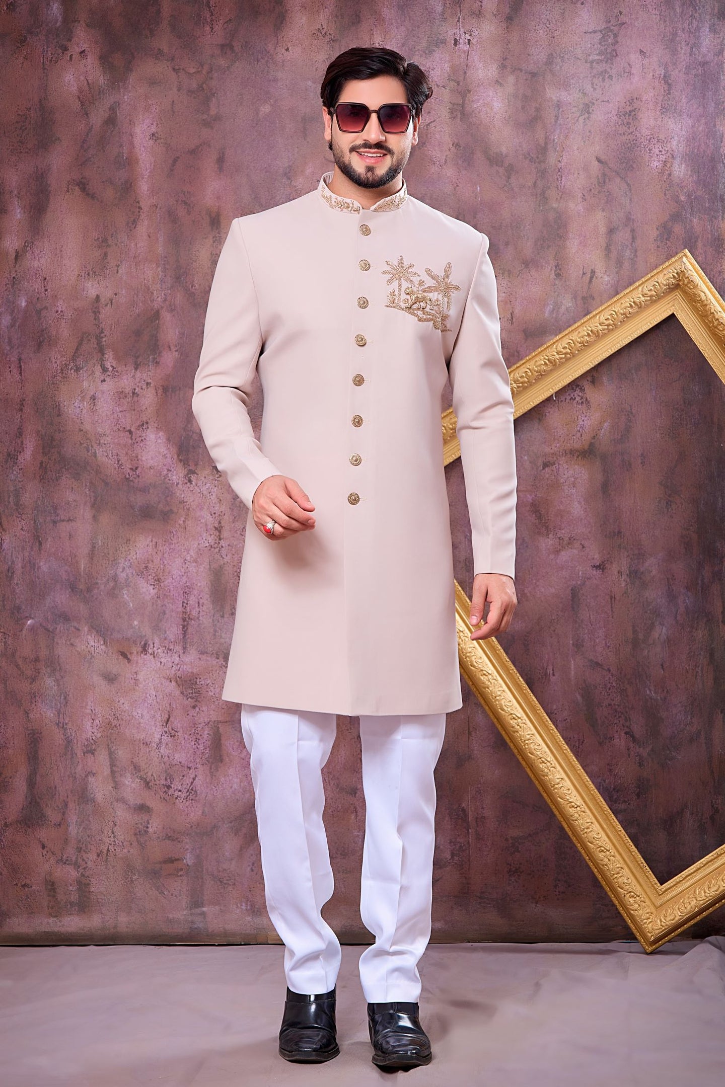 Cream Art Silk Men's Indo Western Clothing with Zardozi Hand Work