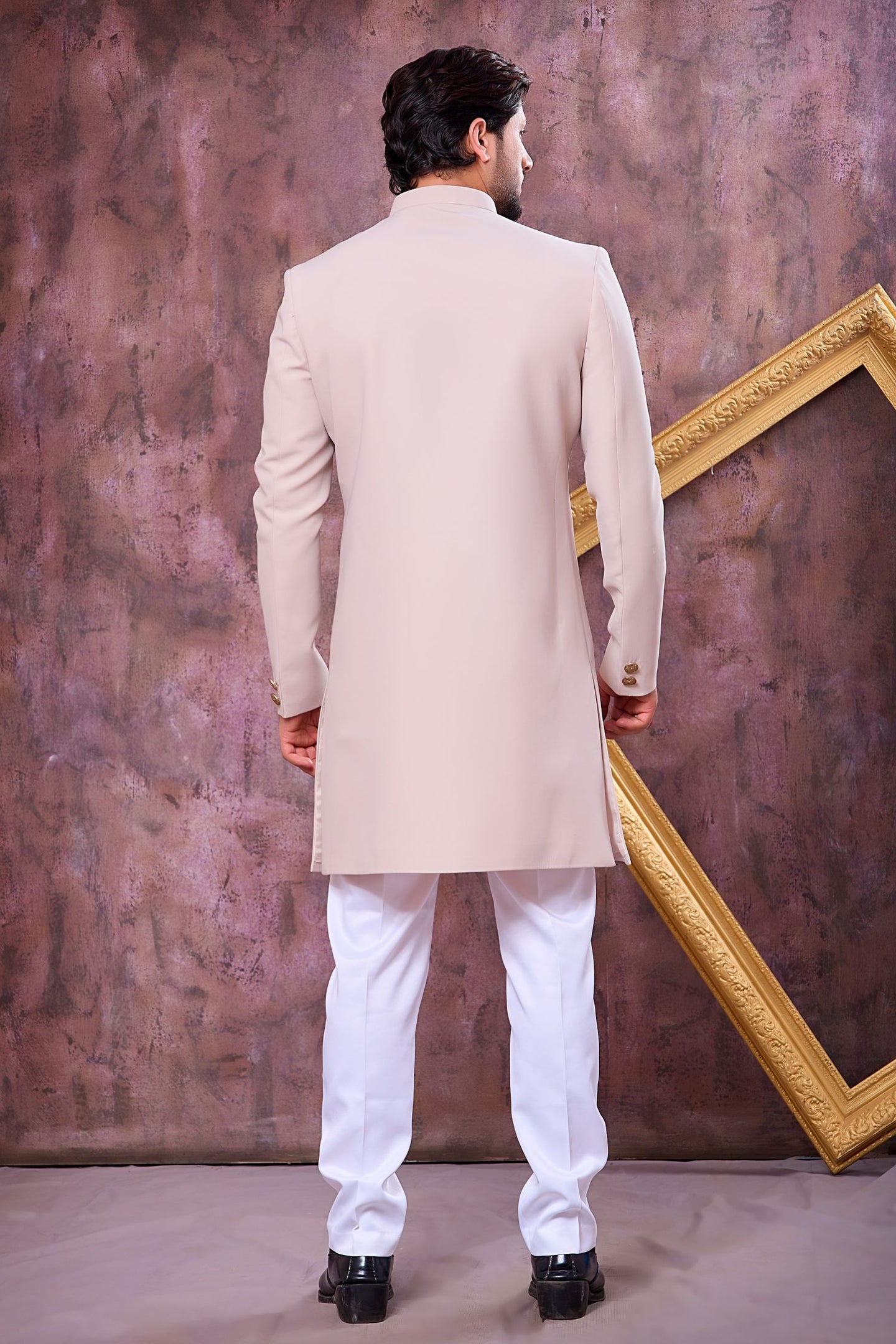 Cream Art Silk Men's Indo Western Clothing with Zardozi Hand Work