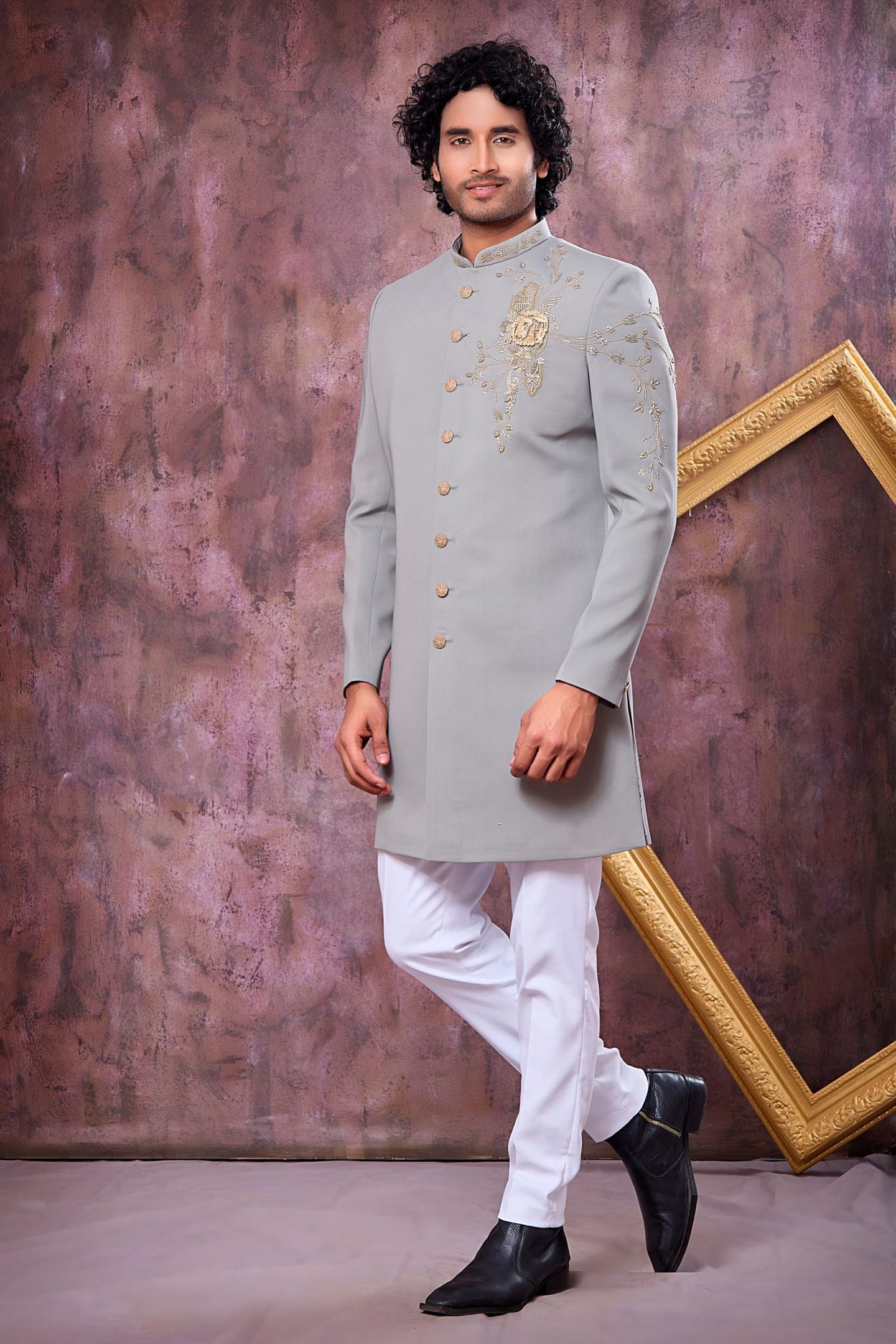 Dark Silver Art Silk Gents Indo Western with Zardozi Work