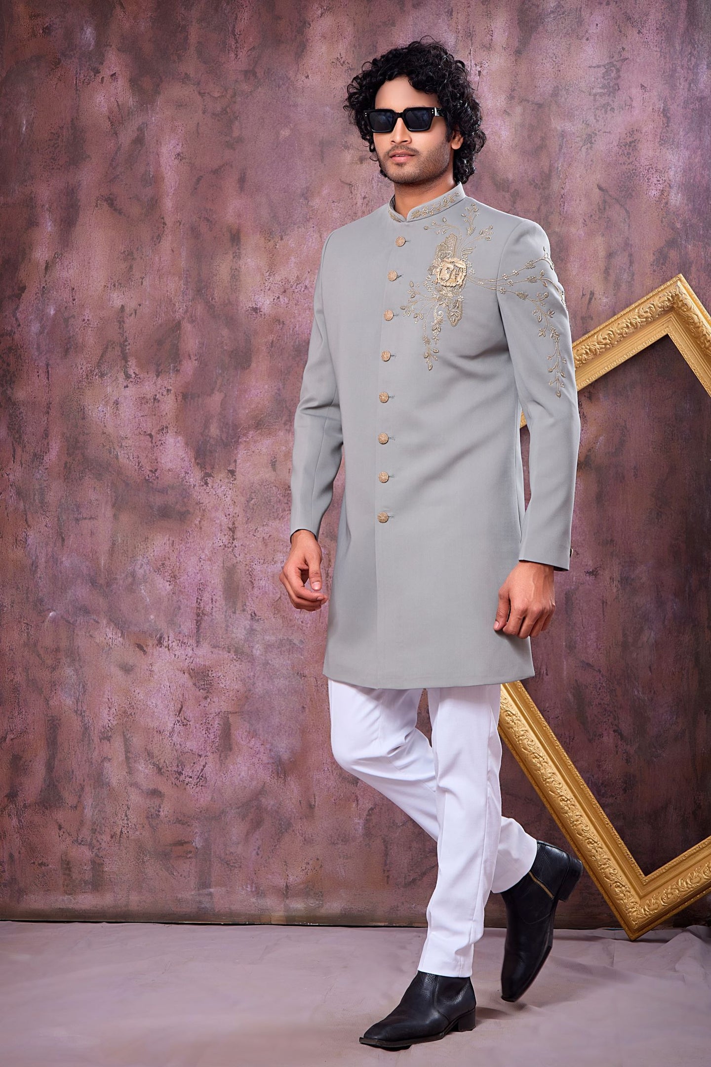 Dark Silver Art Silk Gents Indo Western with Zardozi Work