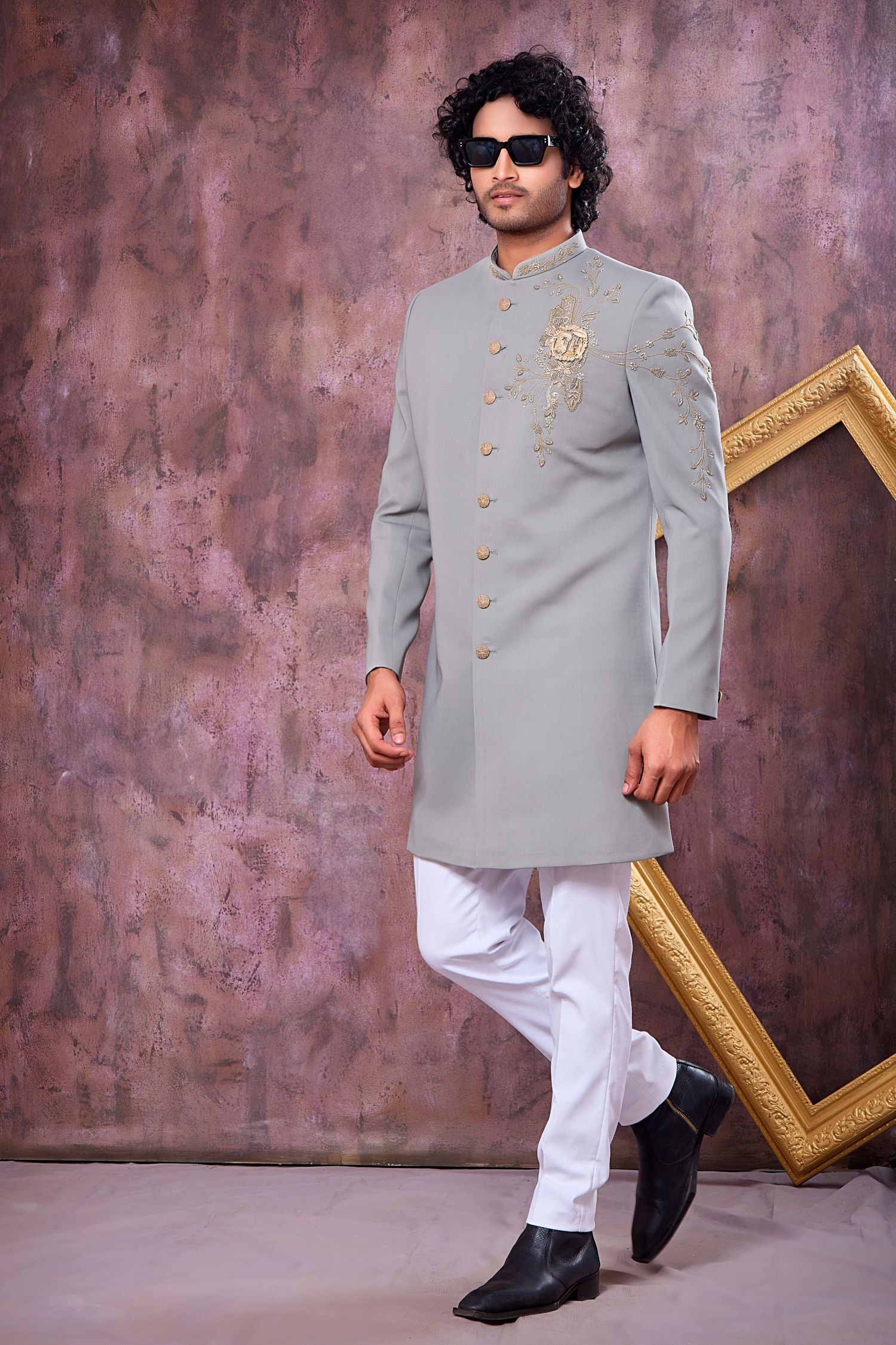 Dark Silver Art Silk Gents Indo Western with Zardozi Work