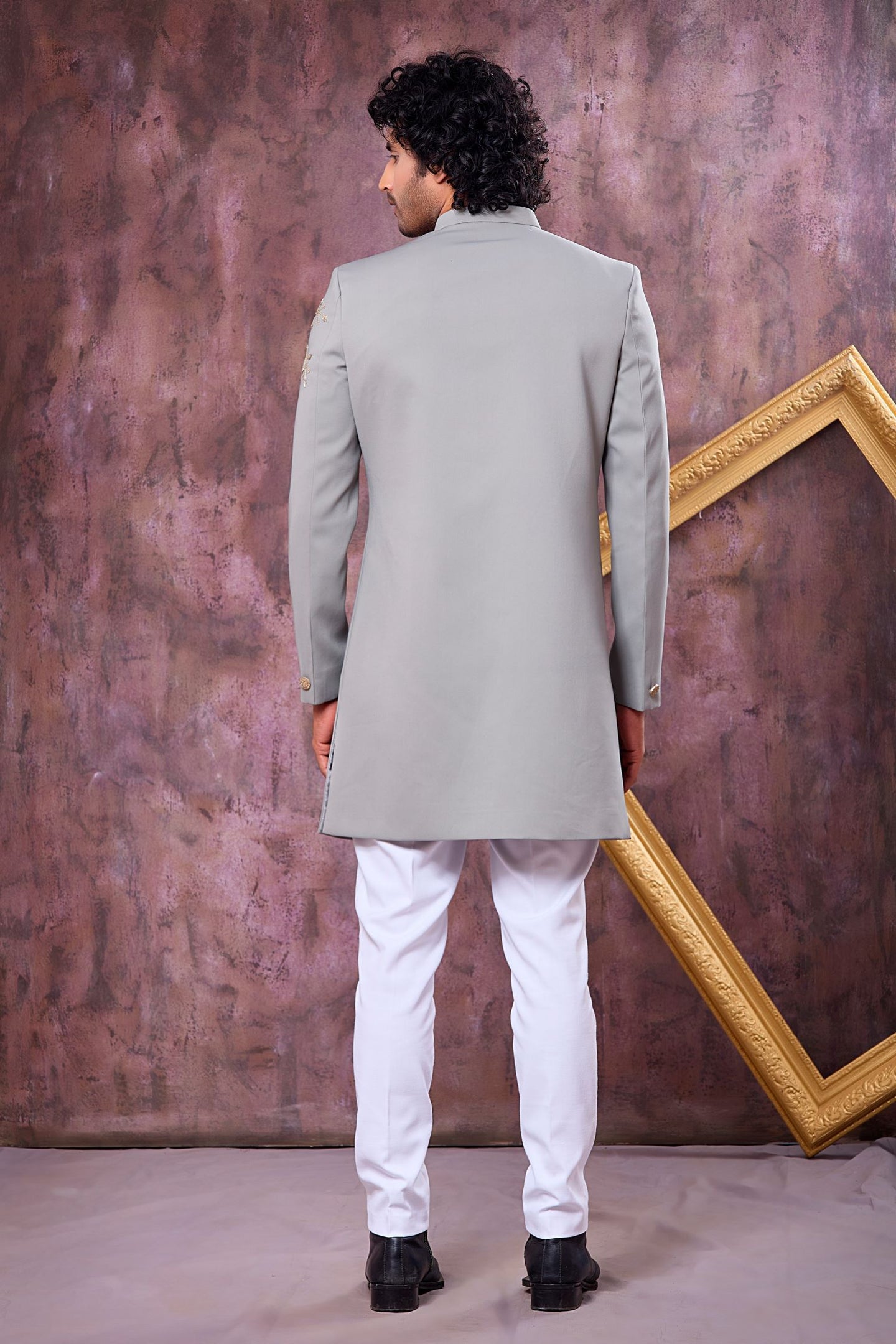 Dark Silver Art Silk Gents Indo Western with Zardozi Work