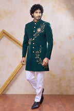 Teal Art Silk Indo Western Clothes for Men with Zardosi and Bead Work