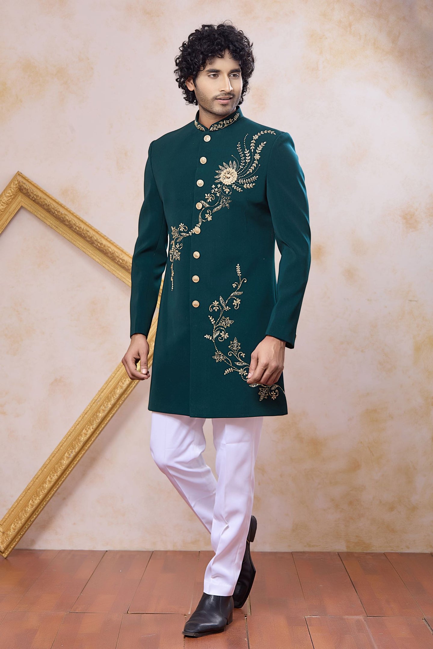 Teal Art Silk Indo Western Clothes for Men with Zardosi and Bead Work